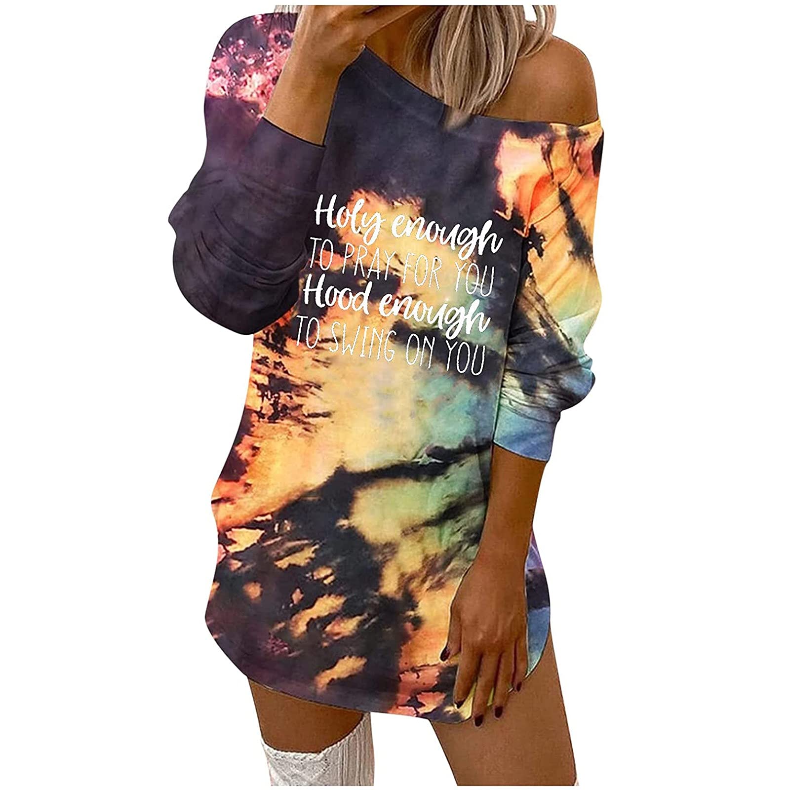 Peigen Women Tie Dye Sweatshirt Casual Long Sleeve Tshirt Blouse for Women Girls Loose Diagonal Collar T-Shirt Long Tops