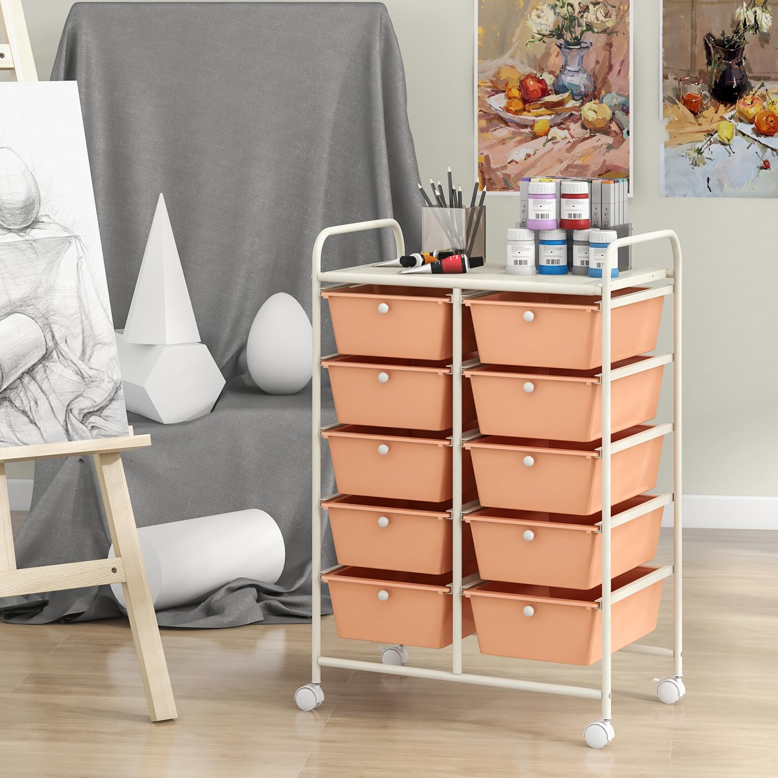 GIANTEX Chariot à roulettes empilable avec 10 tiroirs - Chariot de salle de bain avec roulettes verrouillables - Chariot de rangement pour cuisine, salle de bain, bureau - 65,5 x 37 x 87 cm - Orange