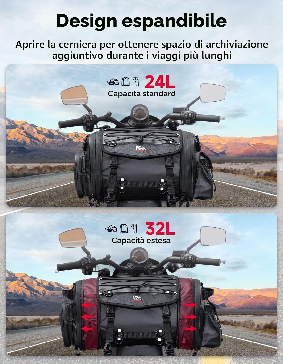 KEMIMOTO Borsa Posteriore Moto, 24-32L Borsa Sella Moto Espandibile Grande Gapacità, Borse Impermeabile Motocicletta con Copertura Antipioggia, Nero