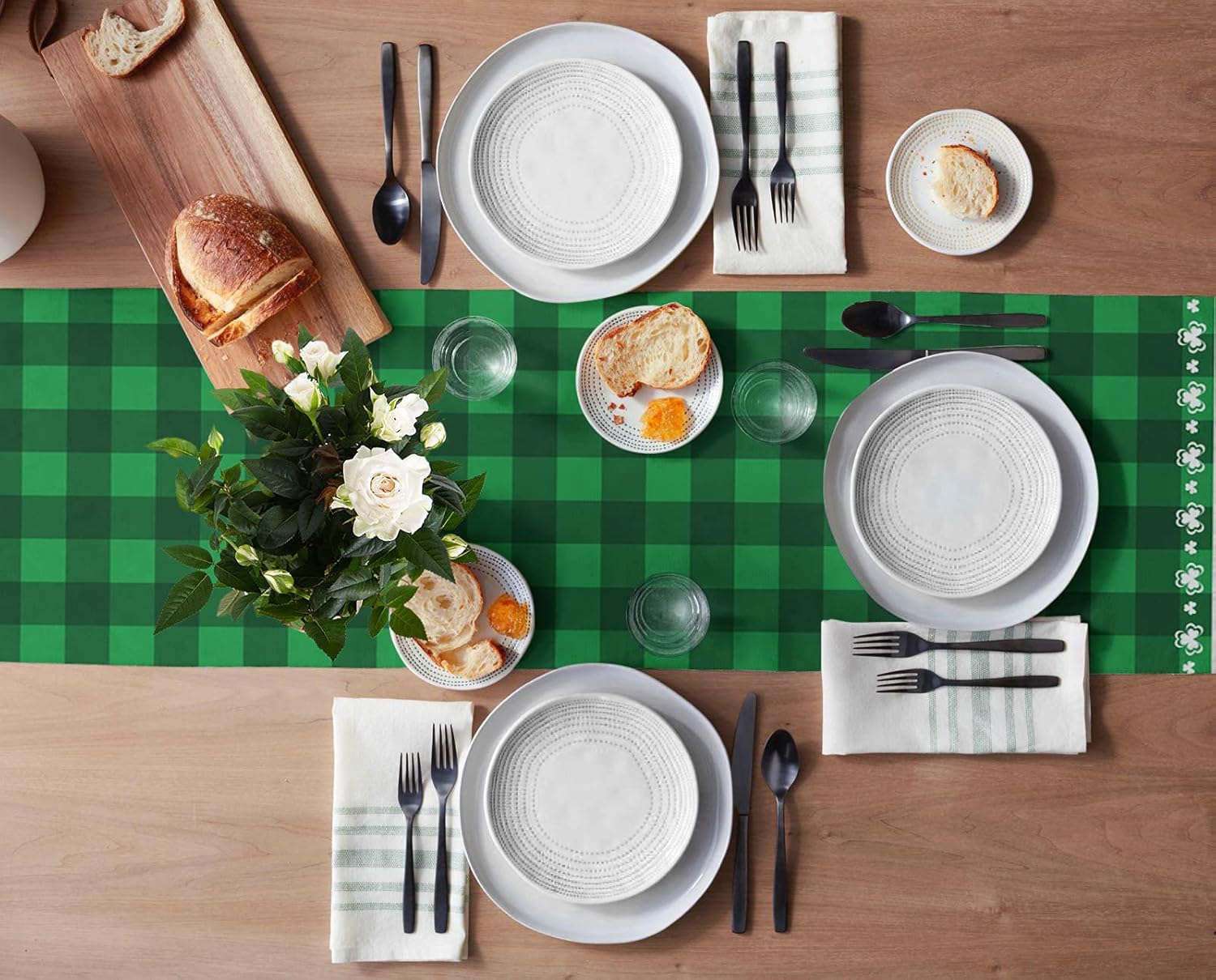 St. Patrick's Day Table Runner Truck With Shamrock Non-Slip Burlap Rectangle Table Cloth Setting Kitchen Decor for Dinner Parties Loads Of Luck Green Buffalo Check Plaid Dresser Scarves, 13x120 inches