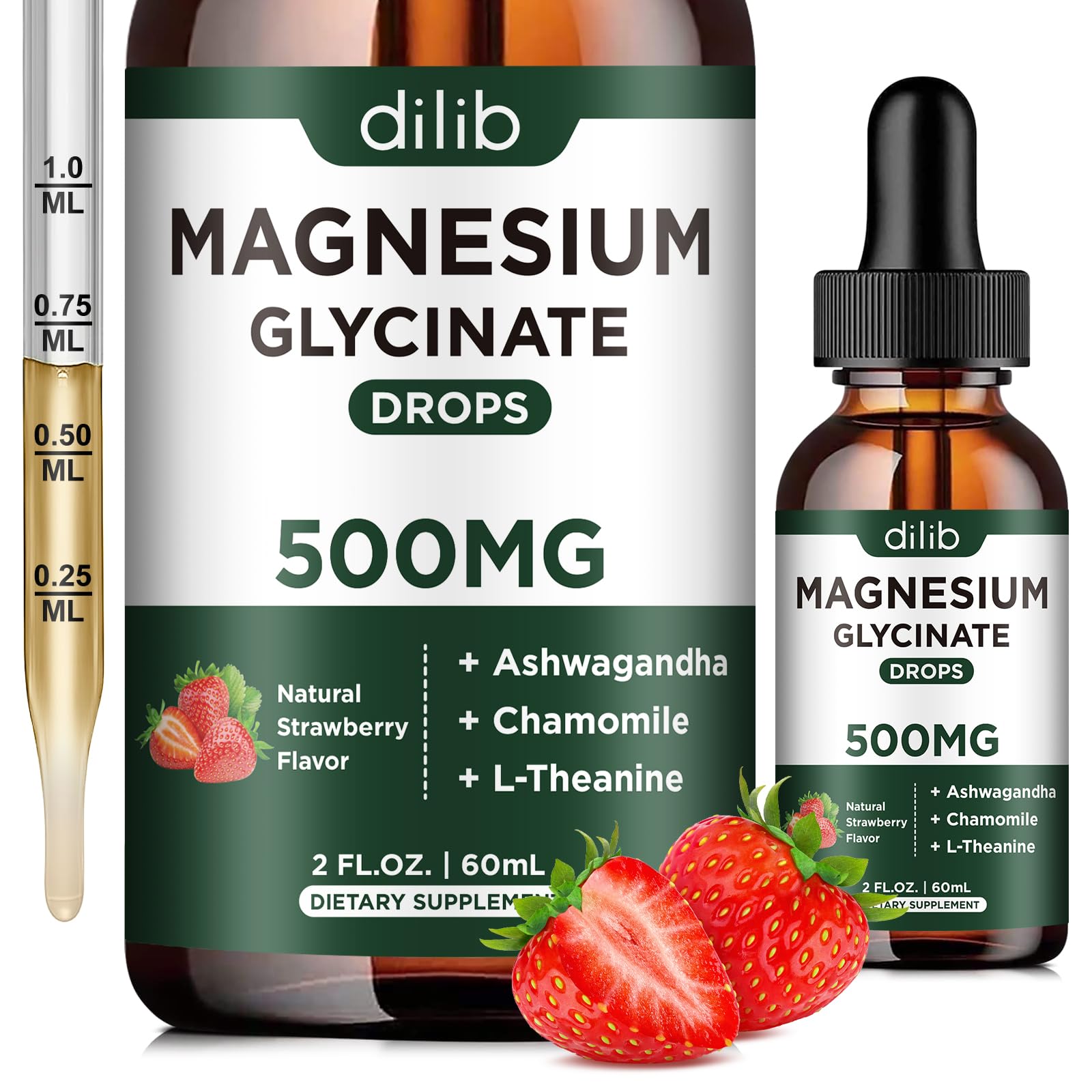Magnesium Glycinate Supplement, Magnesium Liquid Drops with Magnesium Glycinate 500mg Ashwagandha, L - Theanine, Chamomile -Support Stress Relief, Bone, Muscle, Mood Vegan Natural Strawberry Flavor Strawberry 2 Fl Oz (Pack of 1)