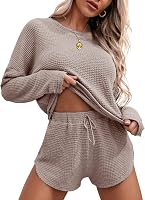 Ekouaer Women's Waffle Knit Pajama Set: Long Sleeve Top & Shorts Lounge Set with Pockets - Cozy Loungewear