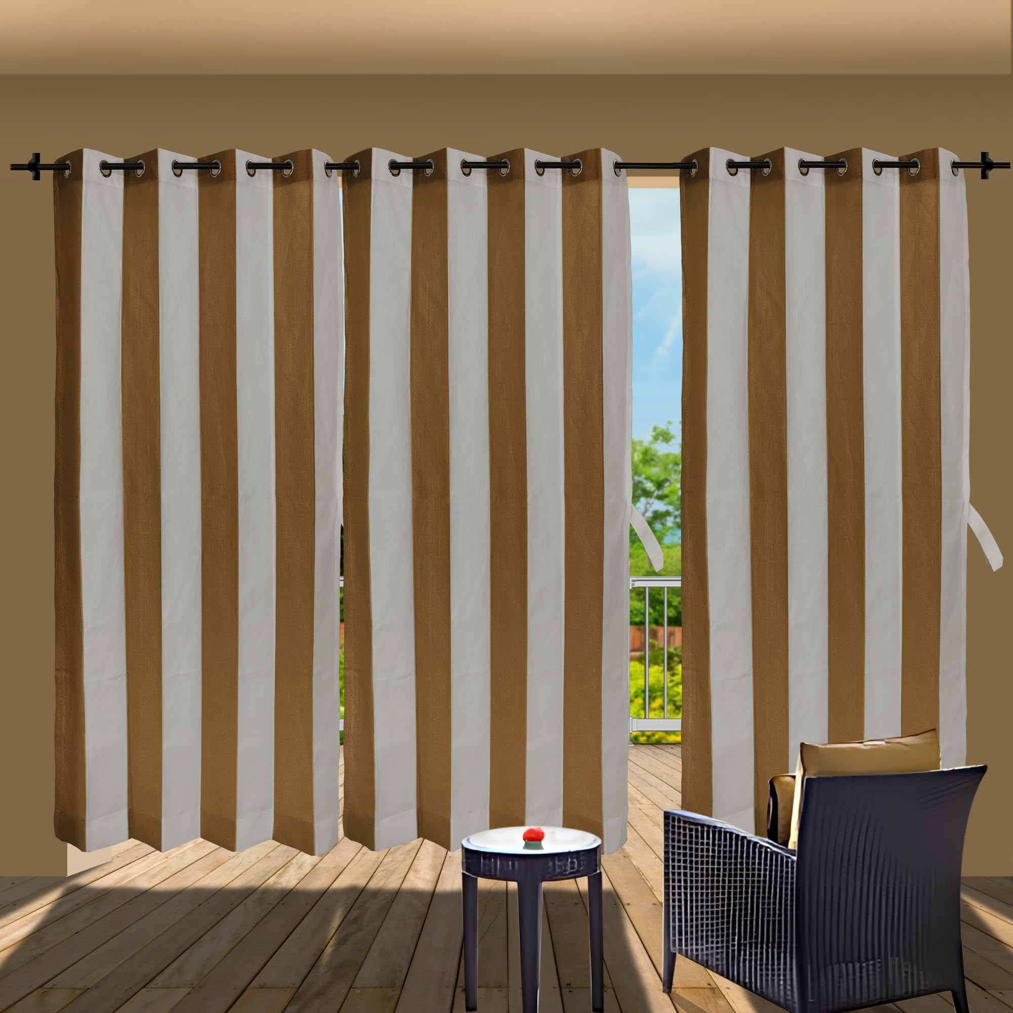 HIPPO Outdoor Stripe 180 GSM Sun Blocking Balcony Eyelet/Grommet Curtain Sun Protection, Light Filtering for Garden Patio (Beige-White, 3FTX4.5FT)-image-49
