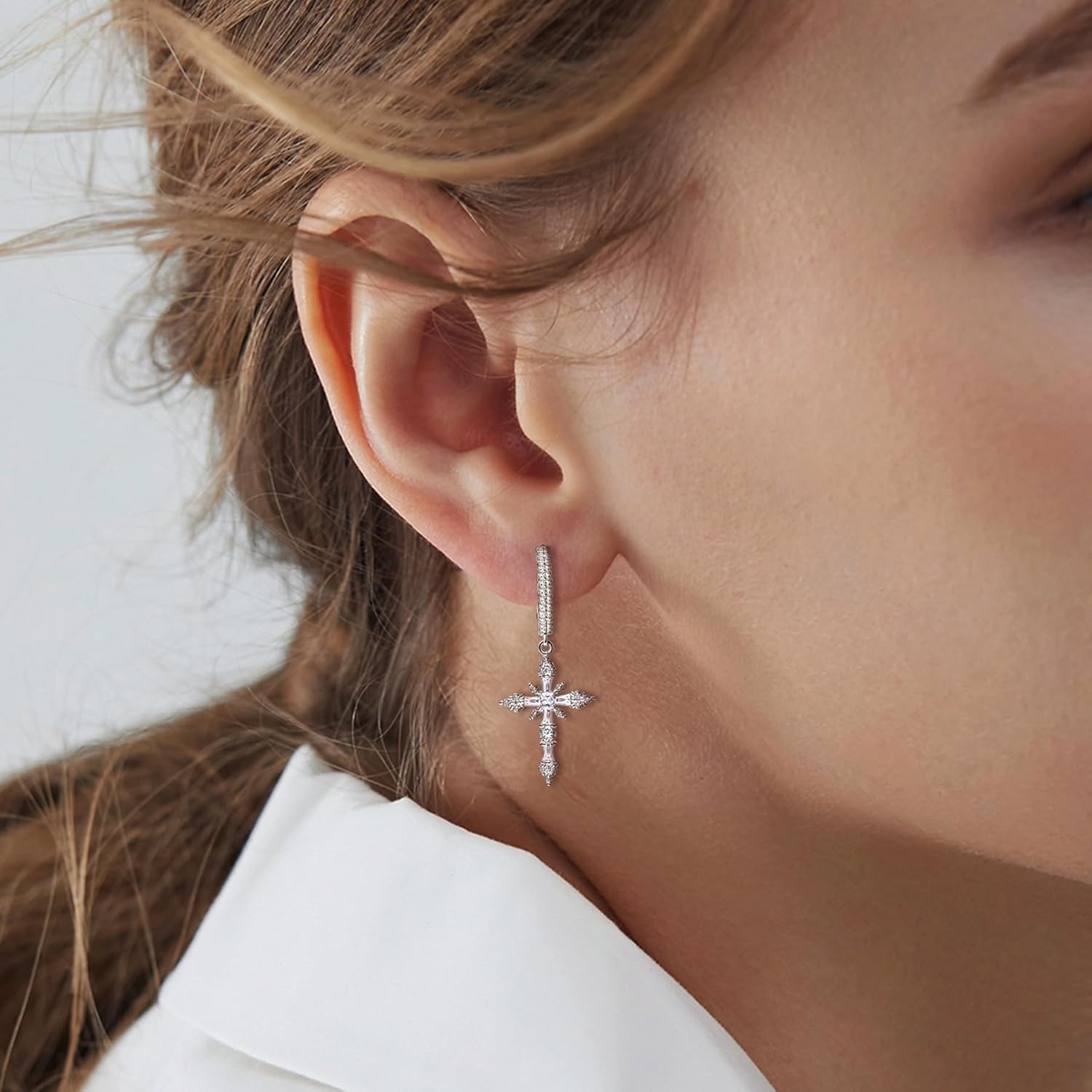 Trendy Sterling Silver Huggie Hoop Dangle Pendant Cross Earrings for Women Dainty Cartilage Charms White Gold Plated Hypoallergenic Jewelry Birthday Gift for Women - Image 2