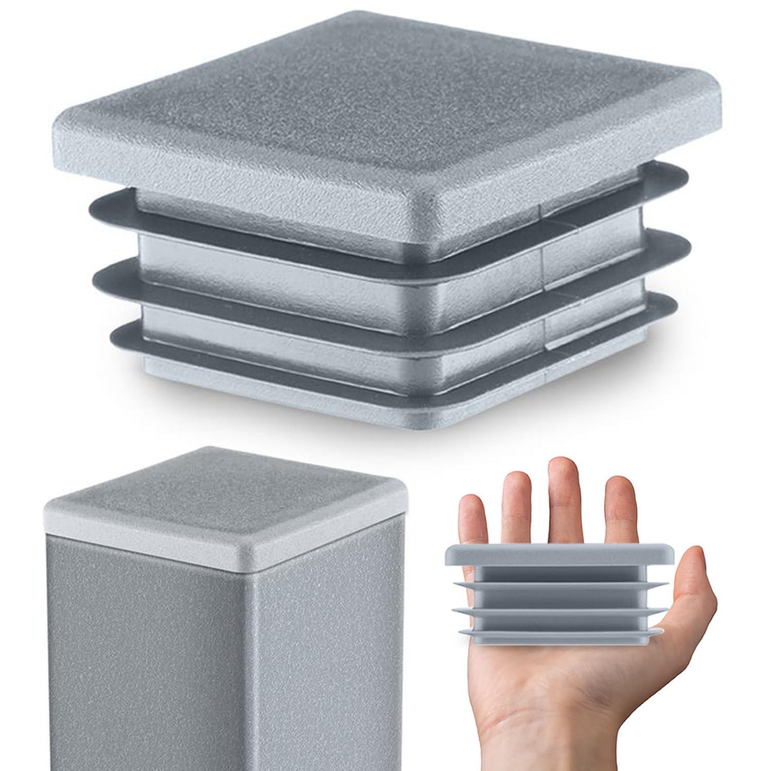 EMFA Tapón para Tubo Cuadrado 100x100 mm, Gris, 50 Piezas | Tapón Cuadrado, Terminal para Tubo, Polietileno PE, Tapón con Láminas