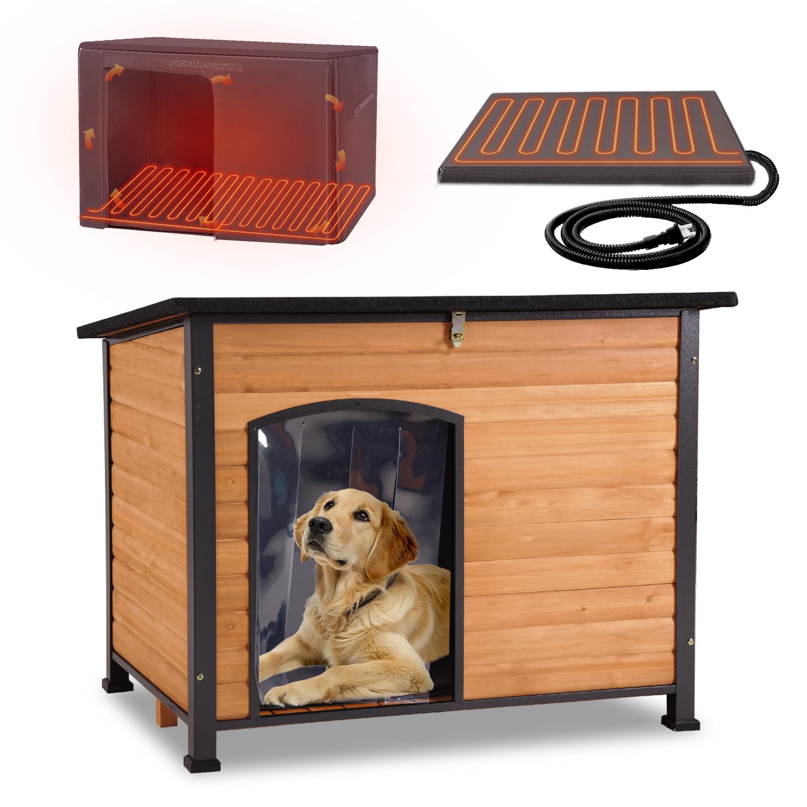 GUTINNEEN Heated Dog House Outdoor Insulated Dog House Weatherproof Dog Kennel with Thermostat-Controlled Heating Pad, 6-Sided Thermal Liner, Chew-Proof Metal Frame for Dogs