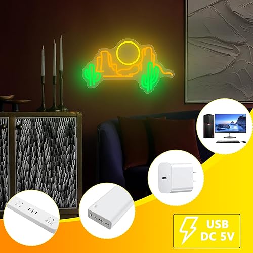 Miniatura 3 de Letrero de neón de montaña de cactus, letreros de neón para decoración de pared, letreros LED regulables para dormitorio, paisaje occidental,