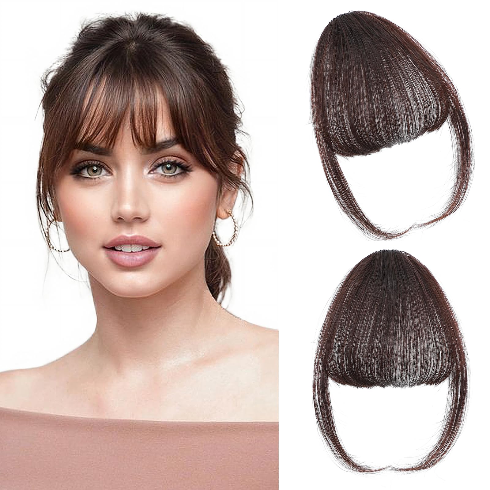 Clip in Bangs 100% Real Human Hair, Fake Bangs Hair Clip on Bang for Women, Dark Brown Wispy Bang Fringe with Temples Hairpieces Extensions for Daily Wear (Dark Brown, Wispy Bangs)