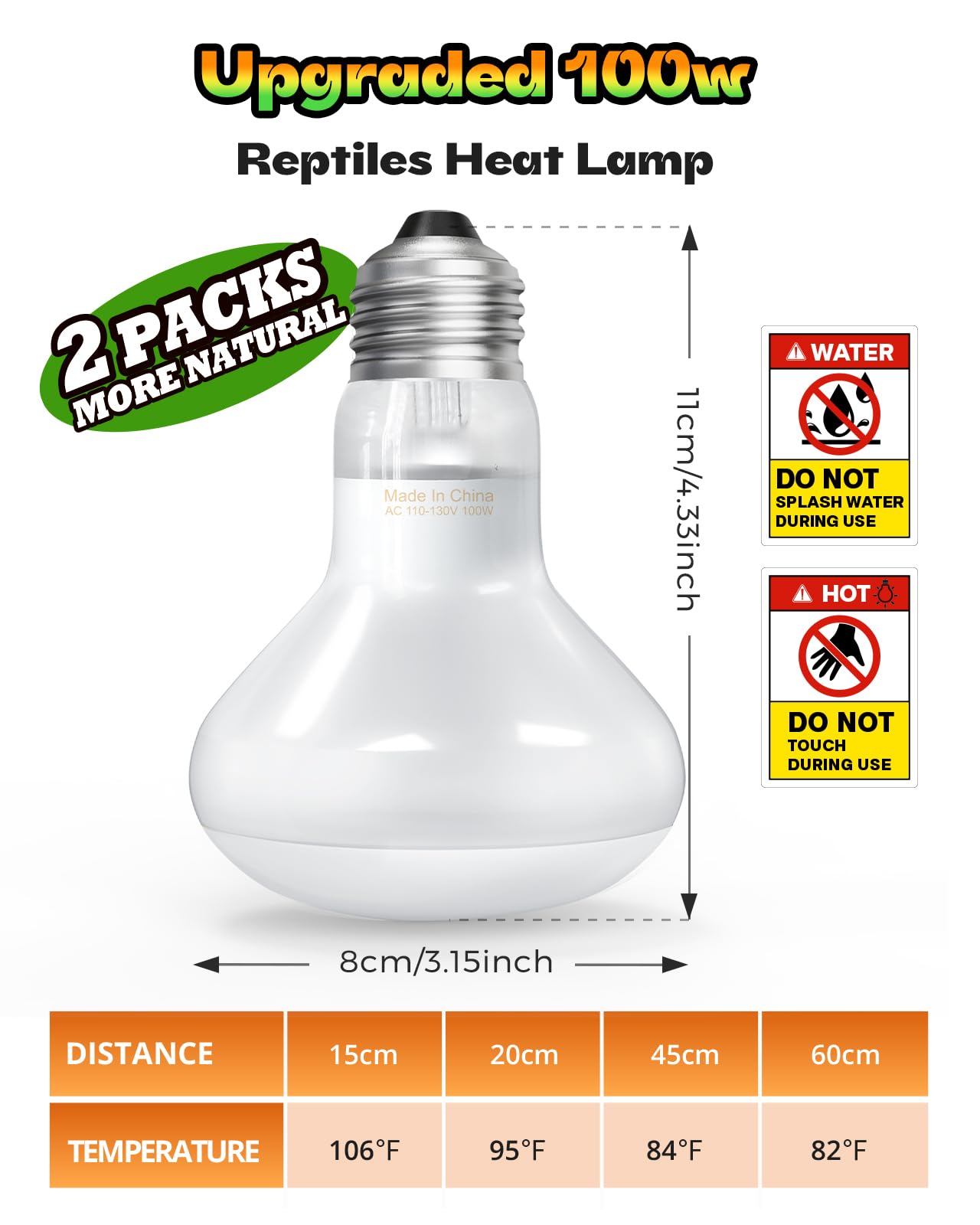 Reptile Heat Lamp, Simulate Natural Sunlight Heat Light Bulbs 2 Pack 100W Amphibians Basking Heat Lamp Bulbs for Reptiles, Bearded Dragon, Lizard, Turtle, Chicken - image 7