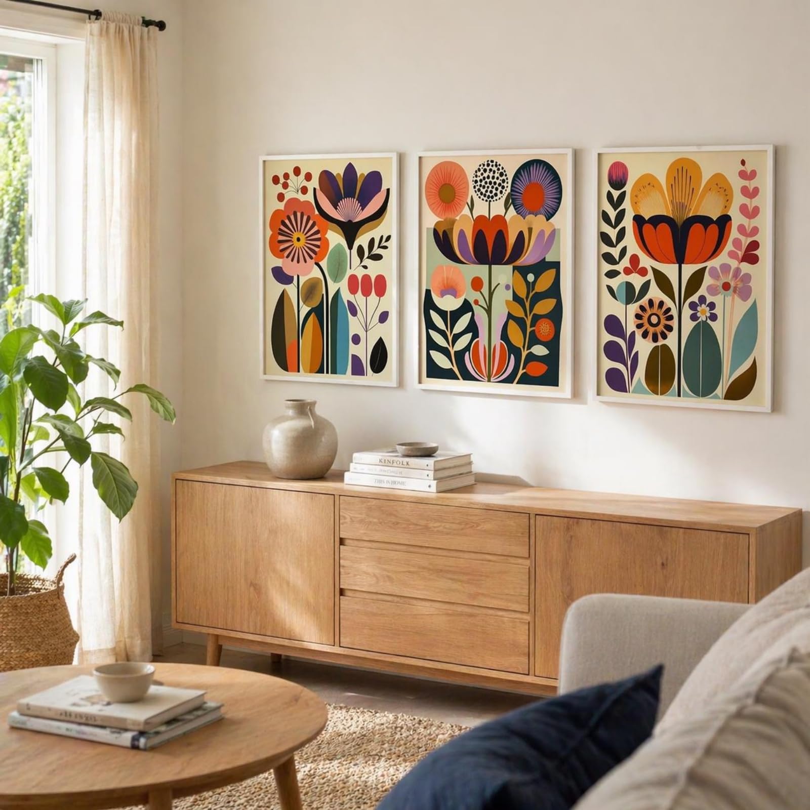 JORCEDI Colourful Floral Canvas Wall Art Set of 3, Abstract Scandinavian Flower Posters Prints, Mid Century Modern Living Room Decor, 21x30-50x70cm, Unframed (30x40 cm,A)