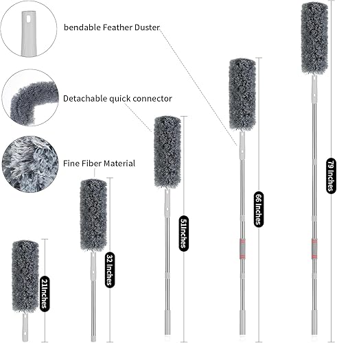 Miniatura 6 de Plumero de microfibra mejorado, 4 cabezales de limpieza de polvo, plumero de telaraña reutilizable con poste de extensión extra largo de grado de 79