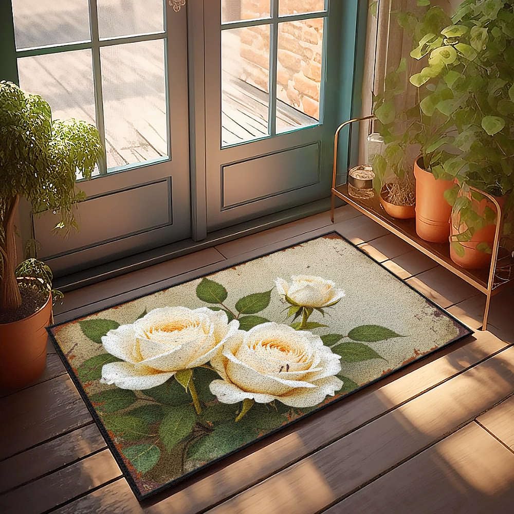 Paillasson unique roses blanches 65 x 90 cm pour protéger vos sols de l'humidité avec élégance