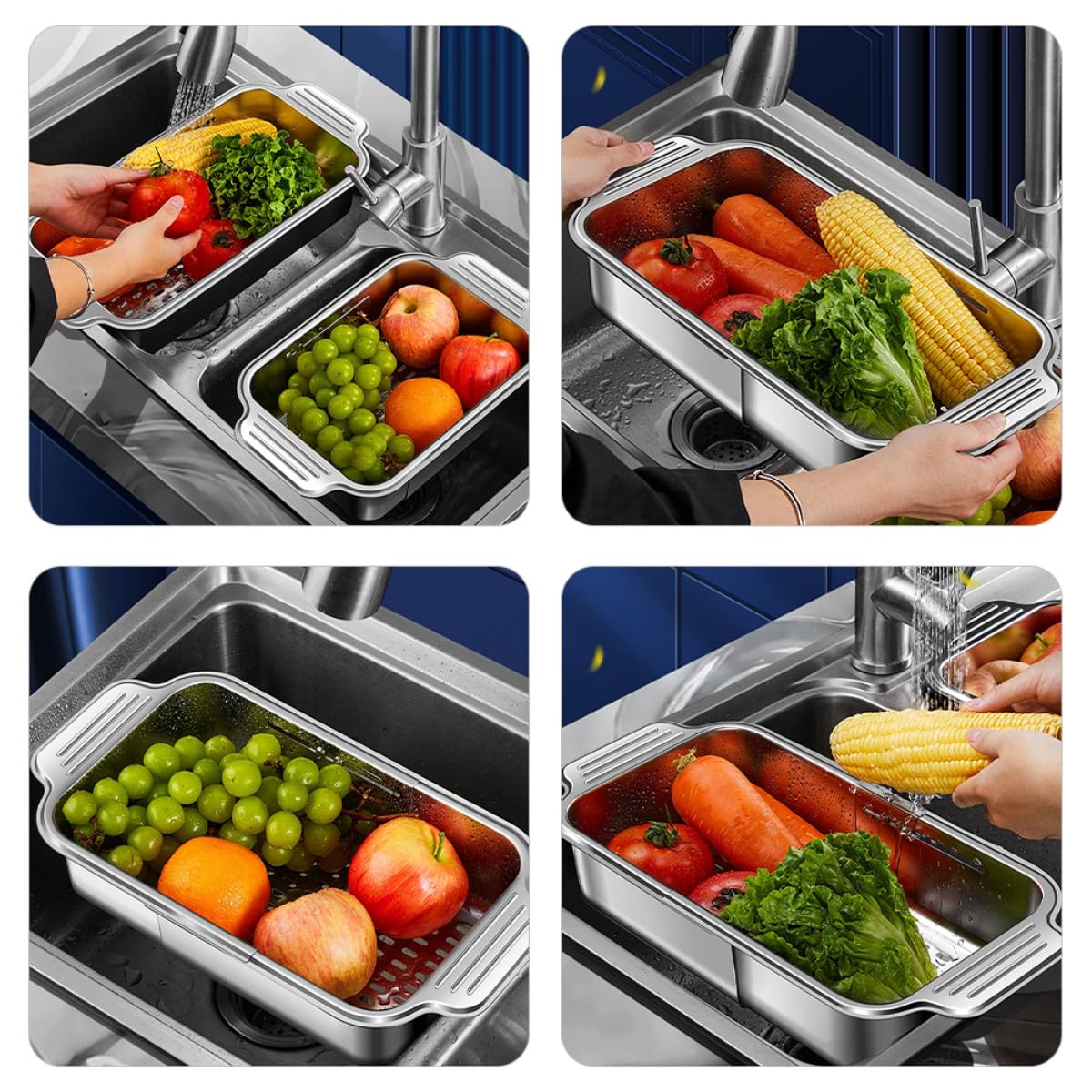 PRETYZOOM Colador de Fregadero Expandible de Acero Inoxidable 304, Cesta Escurridor Grande (34-44 Cm), para Lavar Verduras, Frutas y Utensilios en Cocina, Cesta de Drenaje