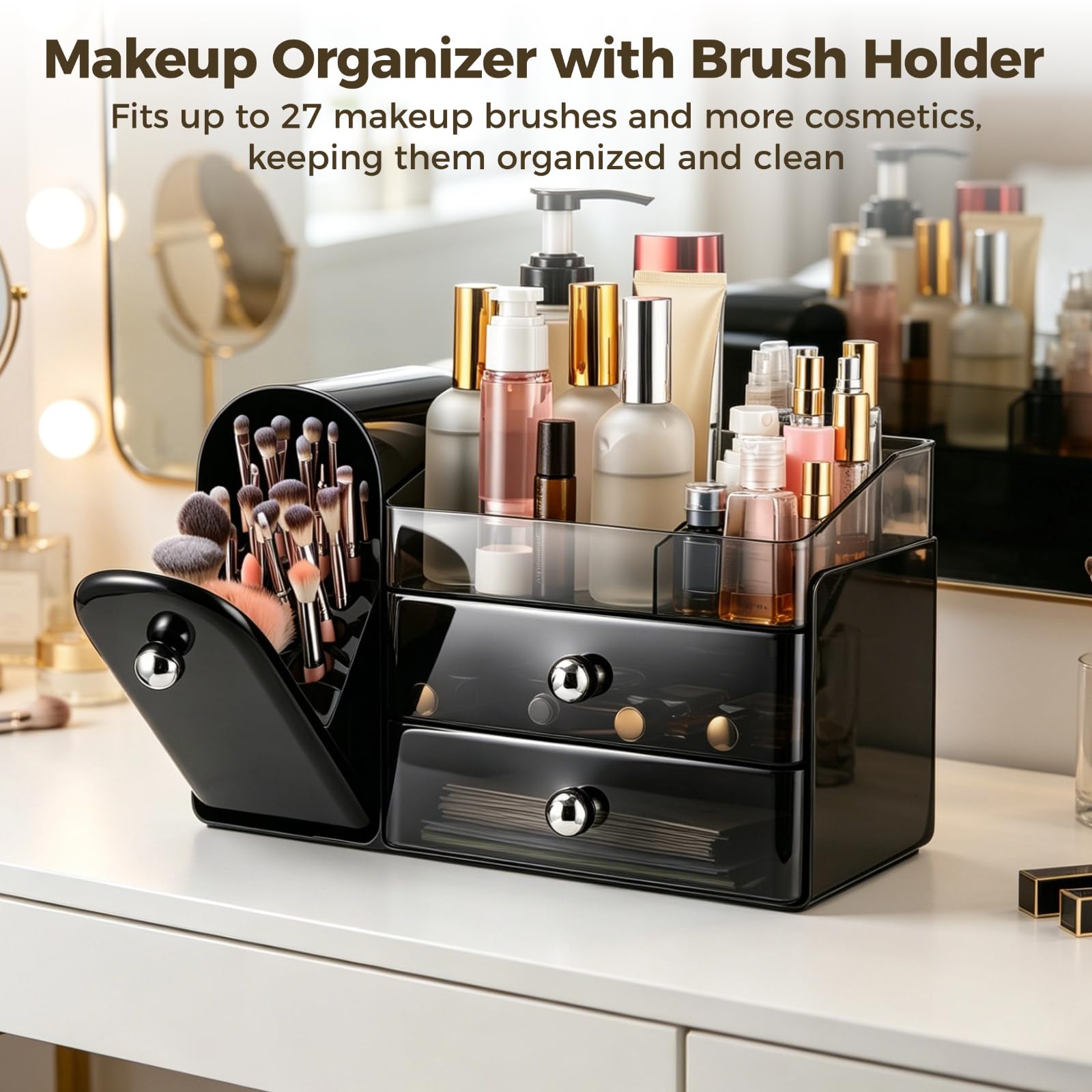 Organizador de maquillaje con soporte para brochas de 27 agujeros, 2 cajones y bandeja superior extraíble, organizador de tocador para lápiz labial, perfume, cuidado de la piel, estuche