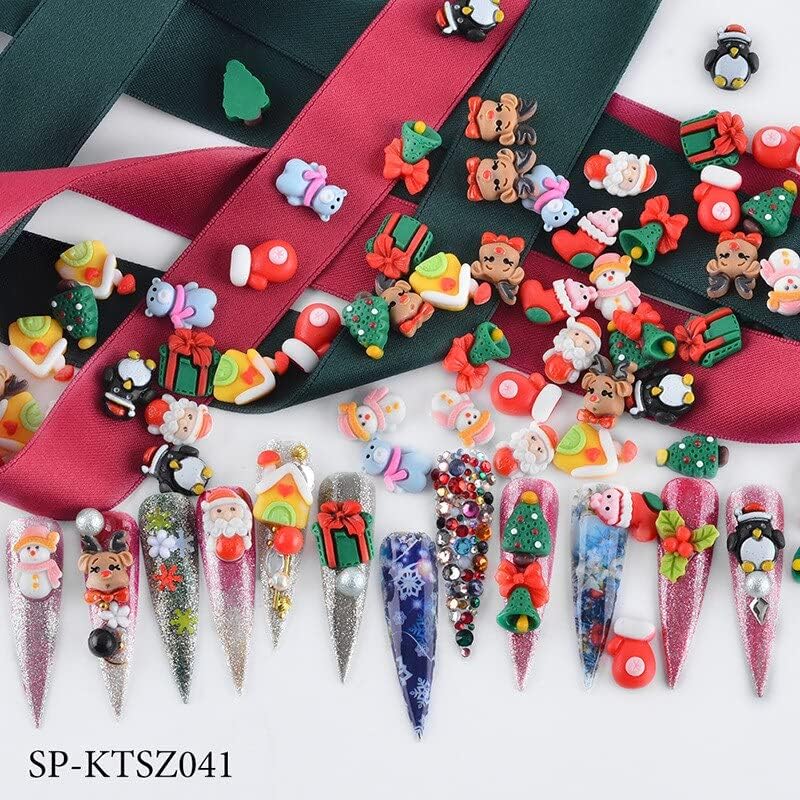 200PC Winter Celebration Festival Ornaments Random Mix Christmas Nail Charming Trinkets Gift Elk Snowman Manicure Accessories 3D - (Color: Mix)