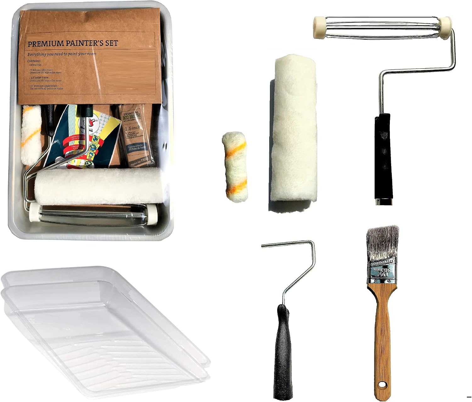 PANCLUB Paint Roller Kit I Metal Paint Tray 8 Piece Premium Painter's Set I 9 inch Roller Cover Set and 4 inch Mini Roller Cover Set I 1.5" Angle Brush I 2 Liner