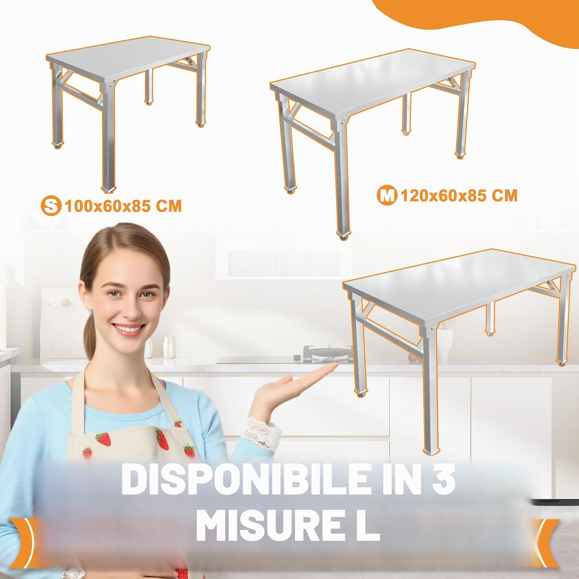 LZQ Tavolo da lavoro in acciaio inox, 60 x 100 x 85 cm, tavolo pieghevole con telaio stabile per cucina, bar, ristorante