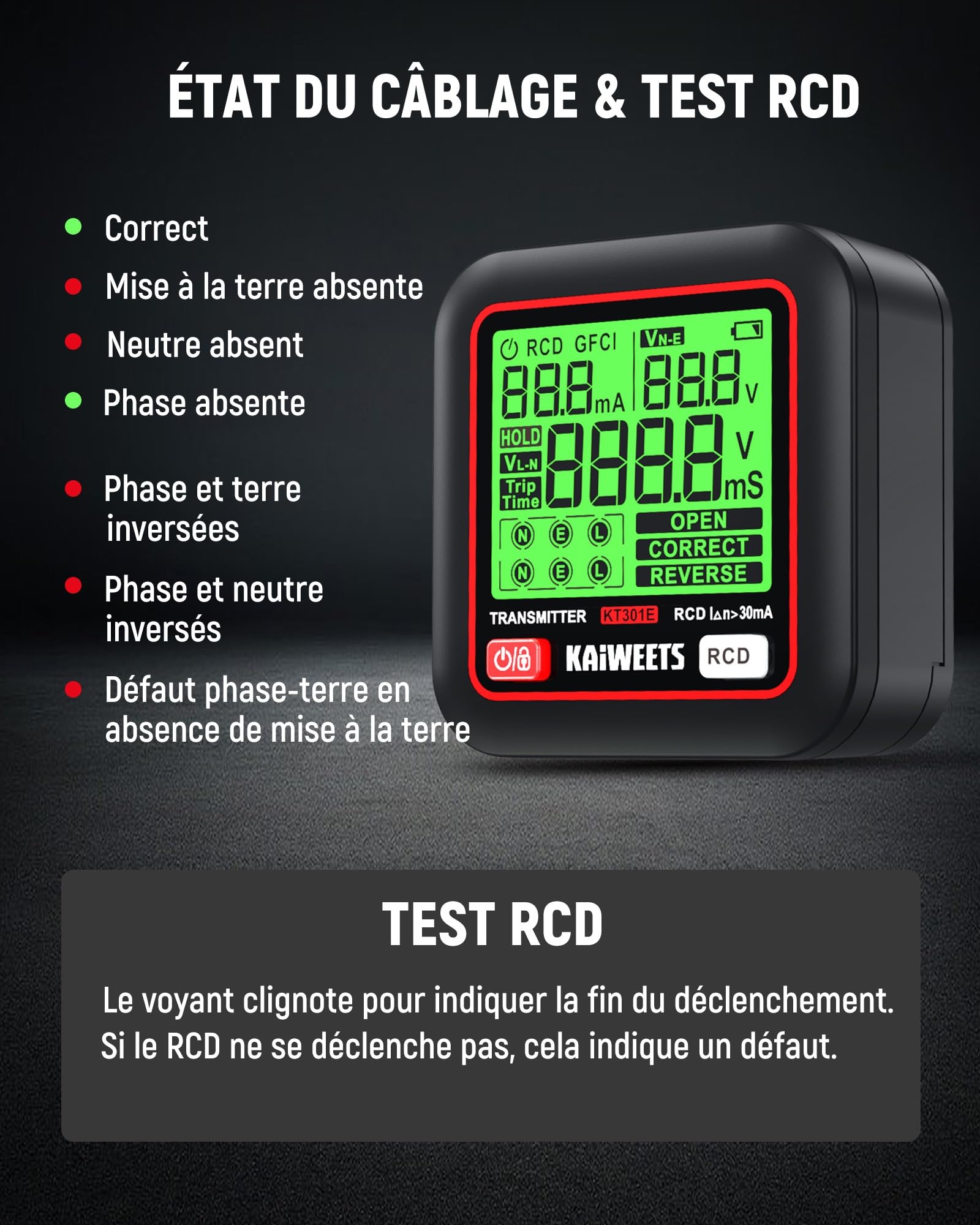 KAIWEETS Détecteur de Disjoncteur avec Écran LCD, Testeur de Prise avec Test RCD et Contrôle du Câblage, Détecteur de Circuit Électrique NCV avec Lampe LED, pour Maison et Électriciens