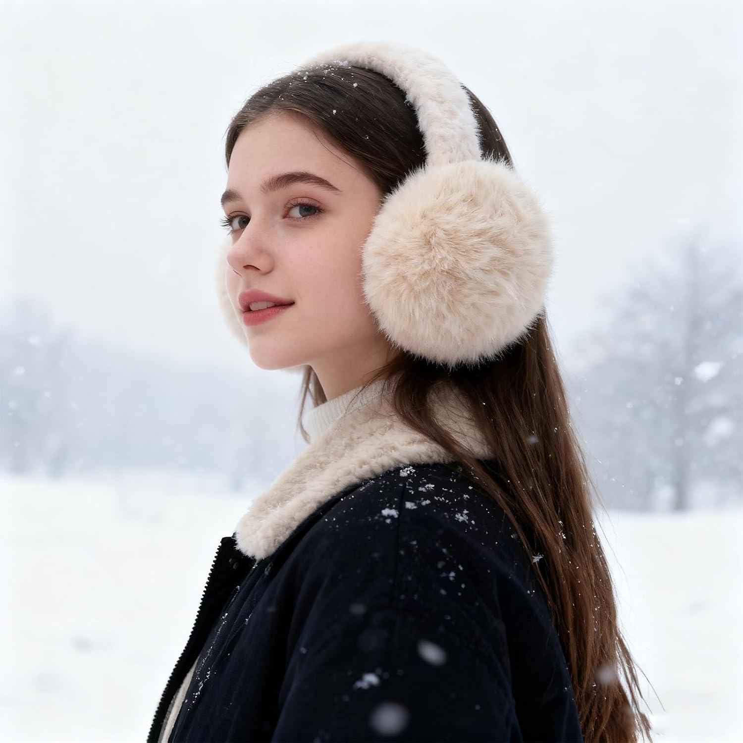 GOKTOW Womens Winter Fuzzy Earmuffs - Foldable Soft Faux Fur Ear Warmers,Cute Ear Covers for Skiing Skating Hiking
