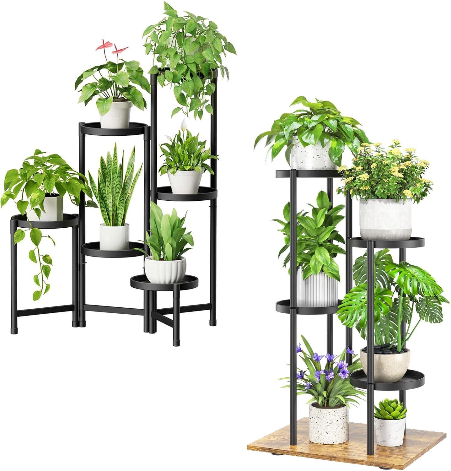 iDavosic.ly Plant Stand for Indoor Outdoor Set of 2, 6 Tier Metal Folding Flower Display Holder Shelf and 4 Layer Tall Corner Orchid Rack for House Patio Balcony Garden Living Room Porch, Black