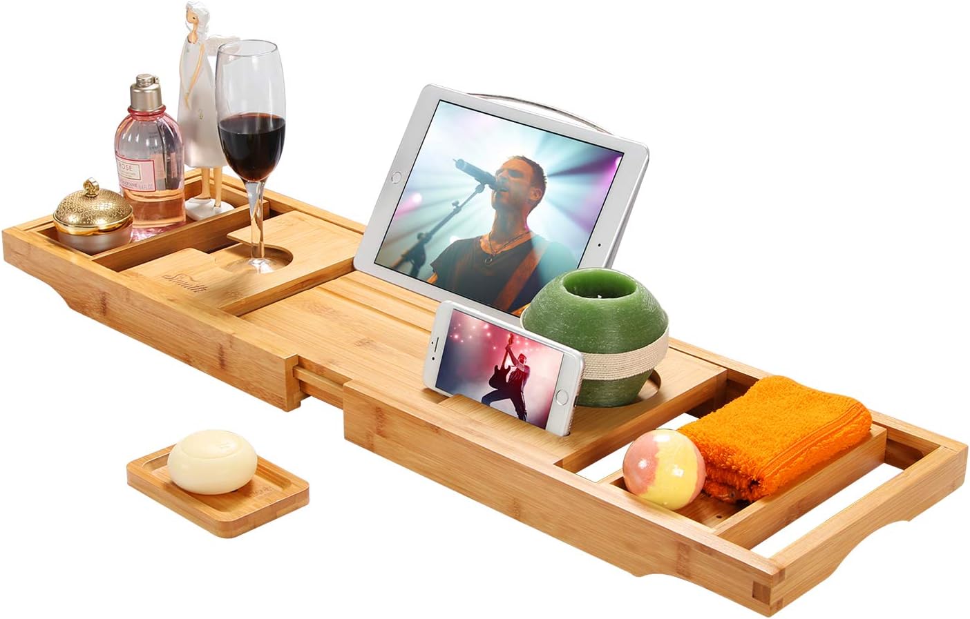 SIMATH Bathtub Tray Expandable, Bathtub Caddy Tray for Luxury Bath Bamboo Tray with Book Stand Wine Glass Holder, Free Soap Holder (Black): Home & Kitchen