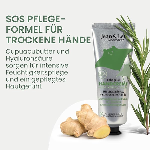 Jean & Len Sehr geile Handcreme Rosemary & Ginger, mit Urea, Handpflege für trockene und rissige Hände, spendet Feuchtigkeit und pflegt intensiv, ohne Parabene & Silikone, Handcreme Tube, vegan, 75 ml - 3