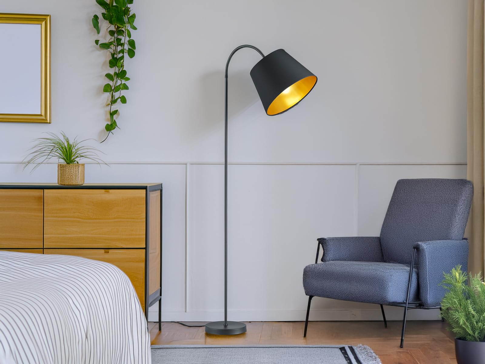 meineWunschleuchte Steh-Lampe gebogen Schwarz Gold mit Stoff Lampenschirm | Höhe 156cm, E27, mit Fußschalter, klassische Stehleuchte, für Wohnzimmer & Schlafzimmer, gemütliche Beleuchtung
