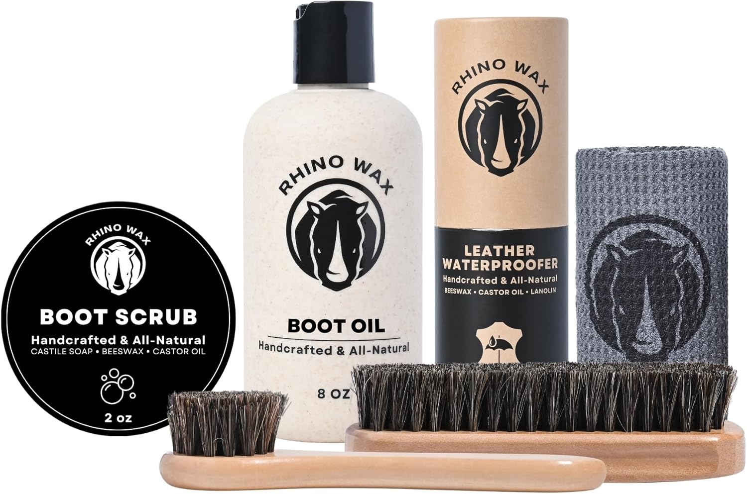 Rhino Wax - Cowboy Boot Cleaning and Conditioning Kit (6 Pieces) - Ultimate Cowboy Boot Care Kit - Cleaner (Boot-Scrub) + Conditioner (Leather Oil) + Waterproofing Wax + Brushes + Microfiber Cloth