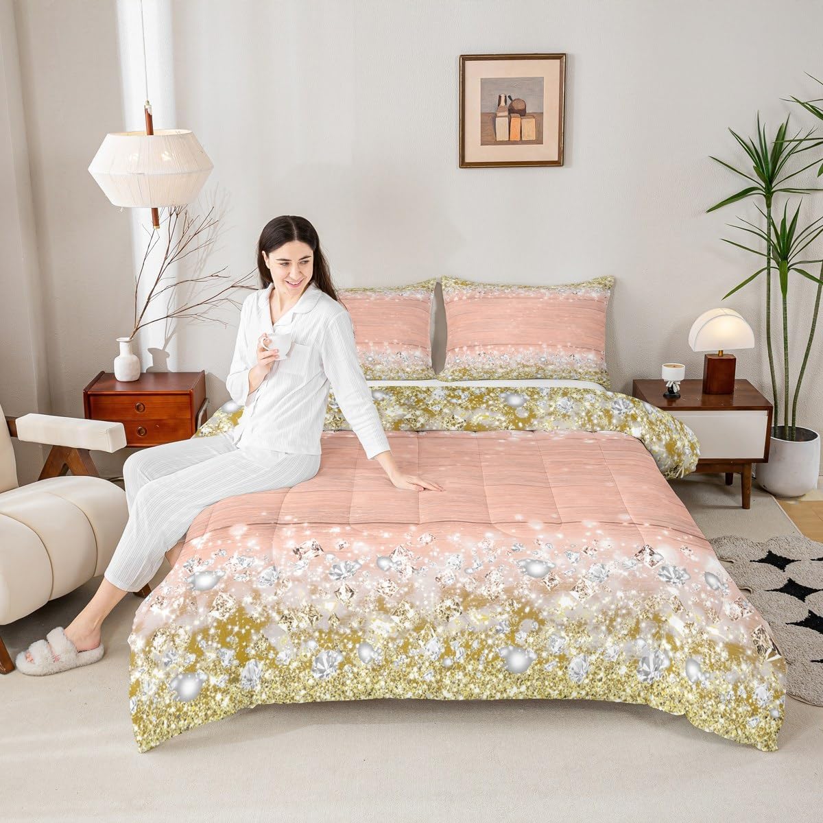 Feelyou Glitter Print (No Glitter) Diamond Comforter Set for Girls Pink Gold Silver Comforter Bling Shiny Bedding Set Dreamy Duvet Set Quilt 3Pcs Queen Size Boys
