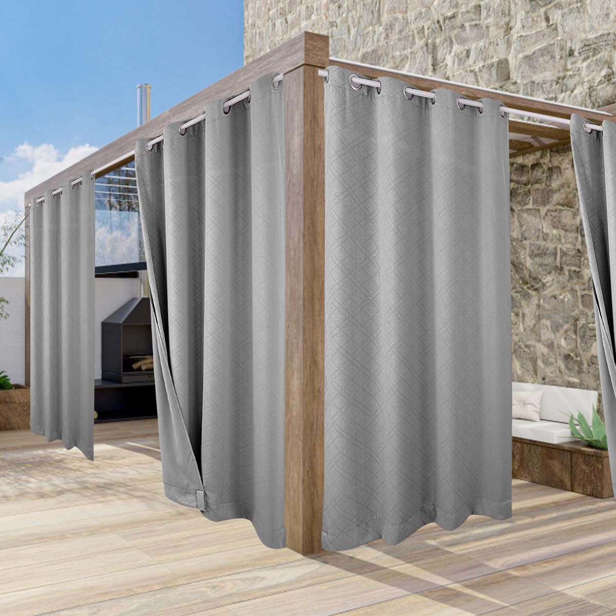 ele ELEOPTION Cortinas de Exterior, Resistentes al Agua, Protección UV, Cortina Exterior con Ojales, Cortina Opaca para Jardín, Patio, Balcón, Gris Claro 3D Textured, 1 Trozo / 132 X 213cm