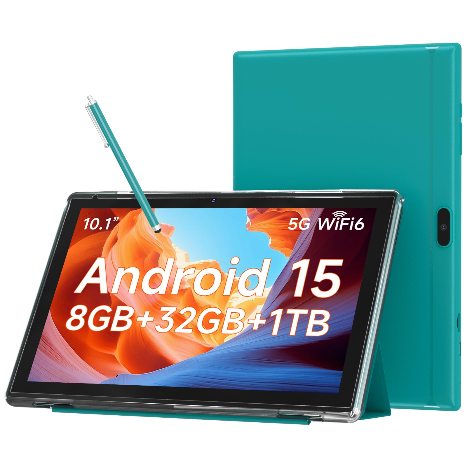 Android 15 Tablet, 25,7 cm (10,1 Zoll), 8 GB RAM, 32 GB Speicher, HD IPS-Display, 5G WiFi 6, 6000 mAh Akku, Dual-Kamera für Videoanrufe, Tab mit Hülle und Eingabestift für Arbeit/Studium, Tablet mit