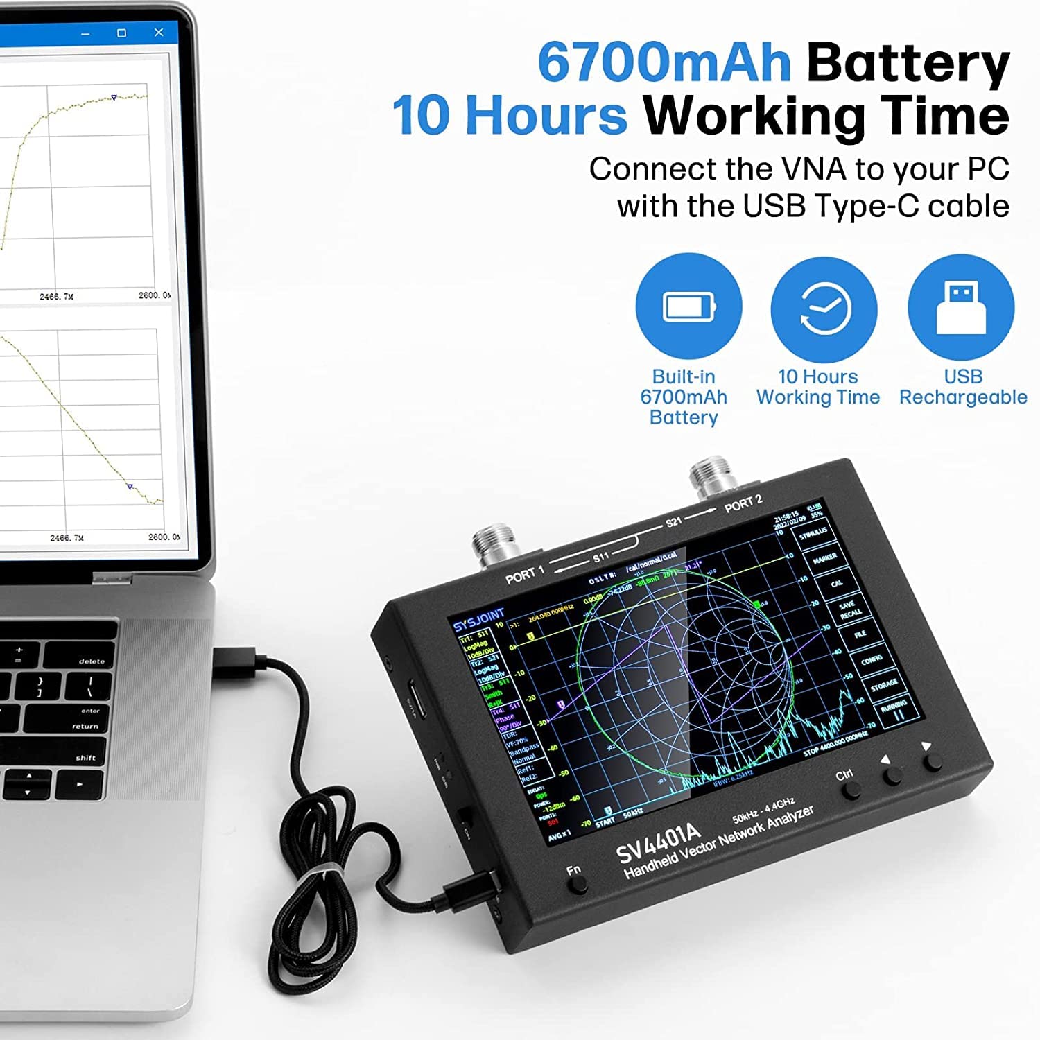 AURSINC 7 Pulgadas NanoVNA SV4401 Analizador De Redes Vectoriales 50KHz-4.4GHz Analizador De Antenas Con Batería De 6700mAh, Almacenamiento De 8 GB Medición De Los Parámetros S