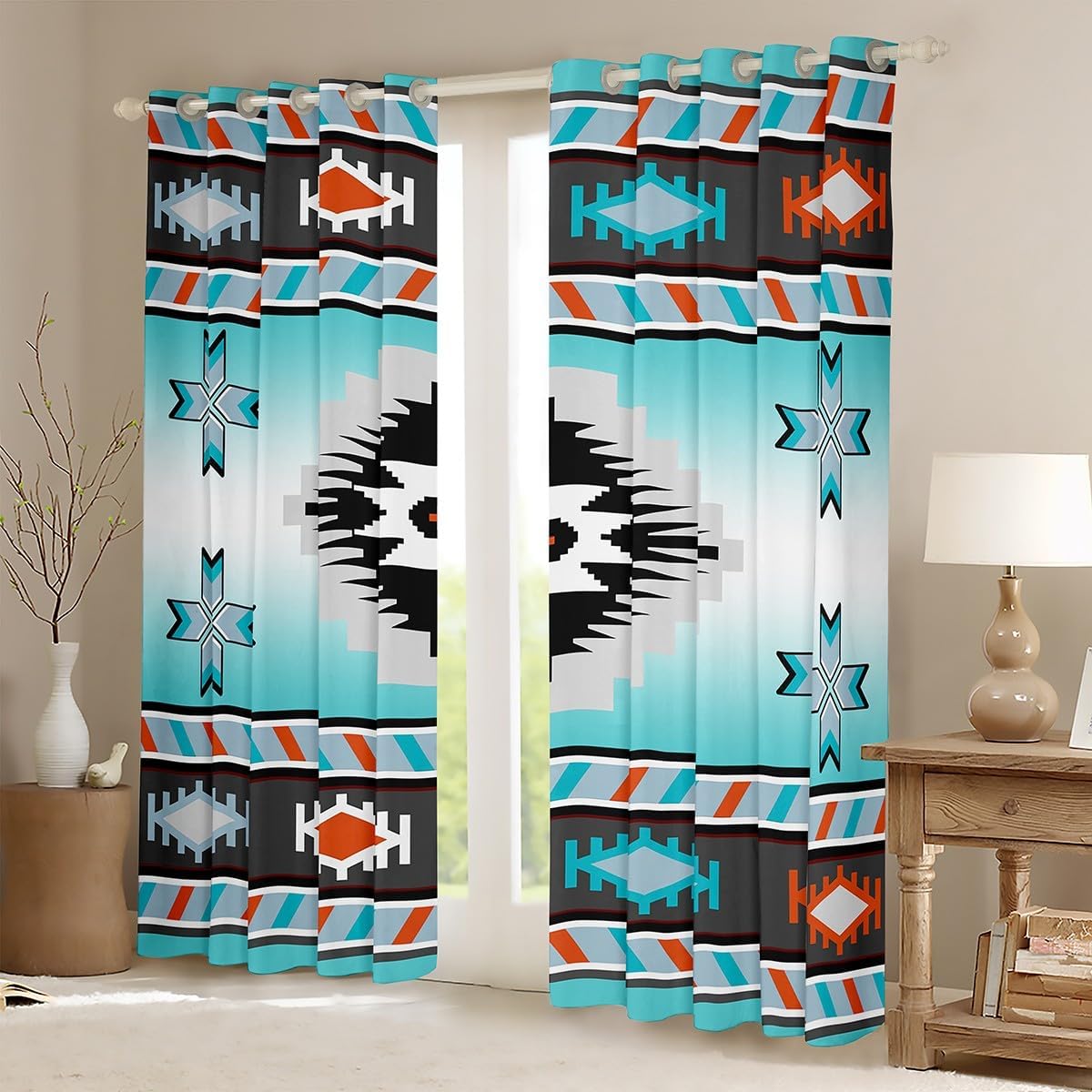 Erosebridal 2 Panels,38"x45" Western Curtain Bohemian Exotic Tribal 100% Blackout Window Curtain Retro Ethnic Aztec Curtains Drapes Window Treatments Southwestern Indian Window Treatments,Teal White