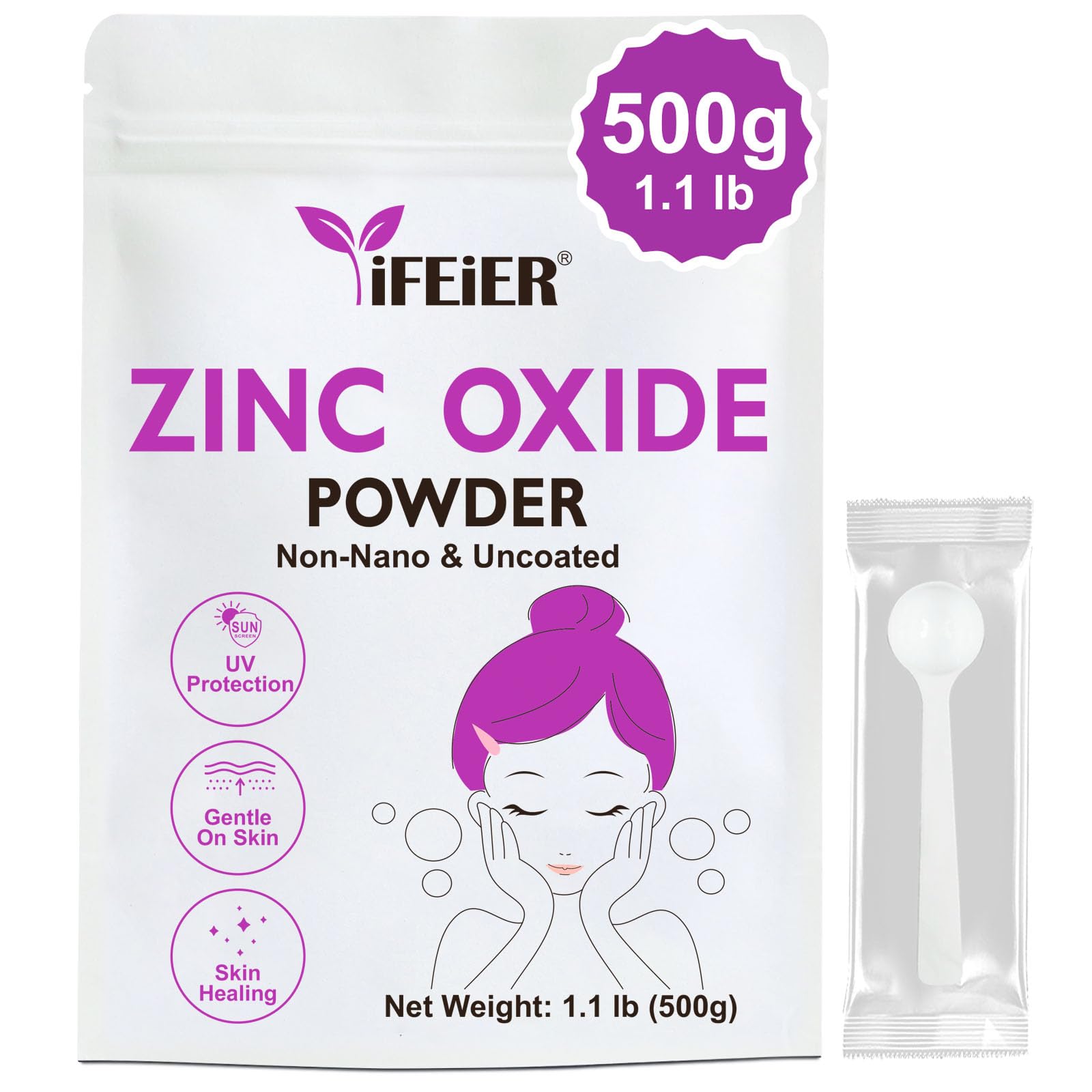 iFEiER Cosmetics Grade Zinc Oxide Powder | 500g(1.1 lb) Non Nano Uncoted 100% Pure Zinc Oxide Powder for Skin Protection | Ideal for DIY Sunscreen, Lotion, Deodorant, and Skincare