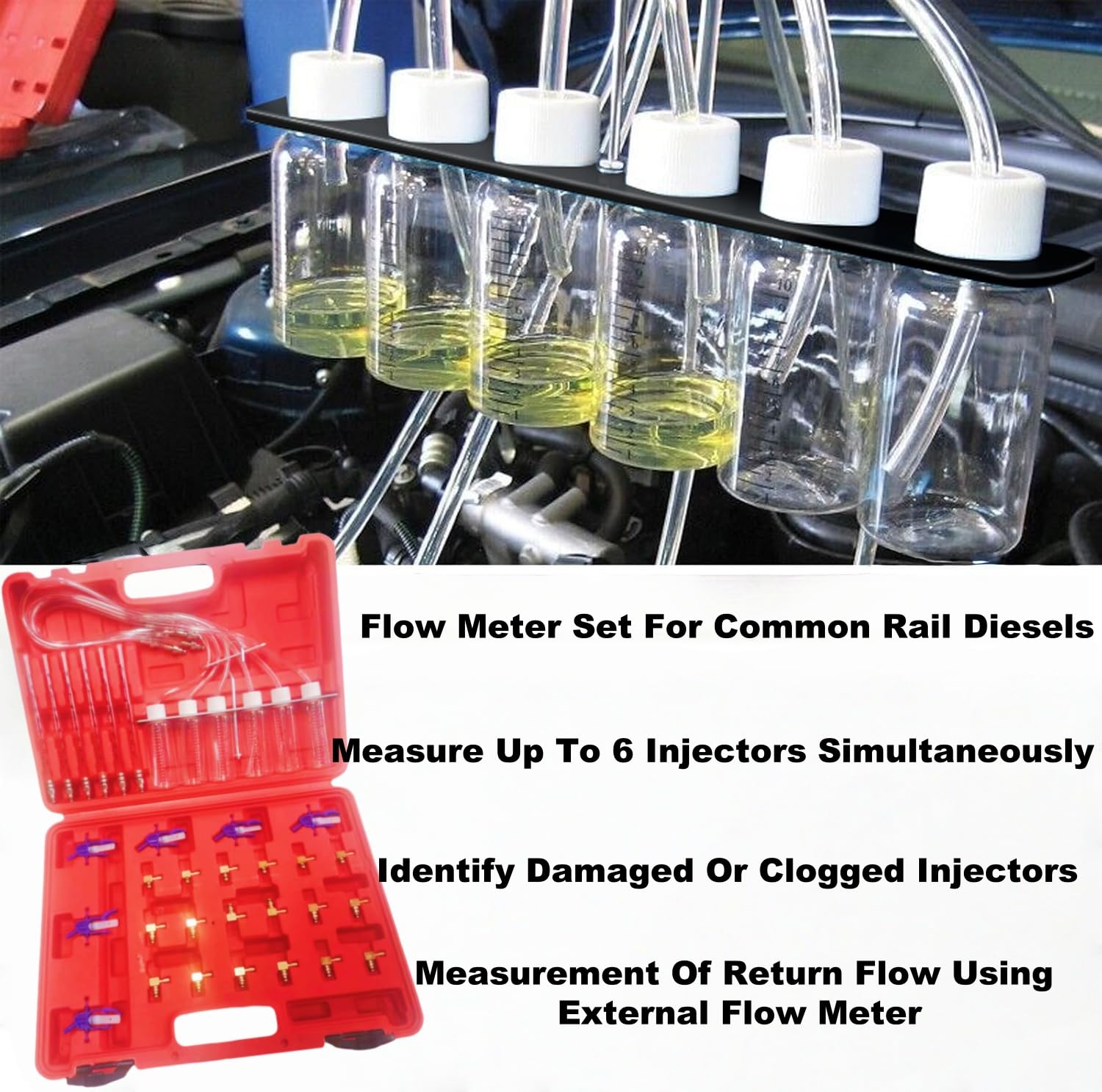 Kit di test per iniettori diesel a 6 cilindri, con tester di perdita su Common Rail e 24 adattatori, misuratore di portata del carburante per BOSCH/per SIEMENS/per DENSO/per DELPHI, rileva