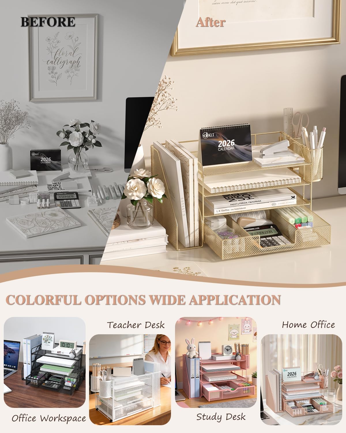 WALI Desk File Organizer, 4 Tier Desktop Paper Letter Tray Organizer with Drawer and 2 Pen Holders, Office Desk Accessories & Workspace Organizers for Office, Home, School Supplies, 1 Pack, Gold view 6