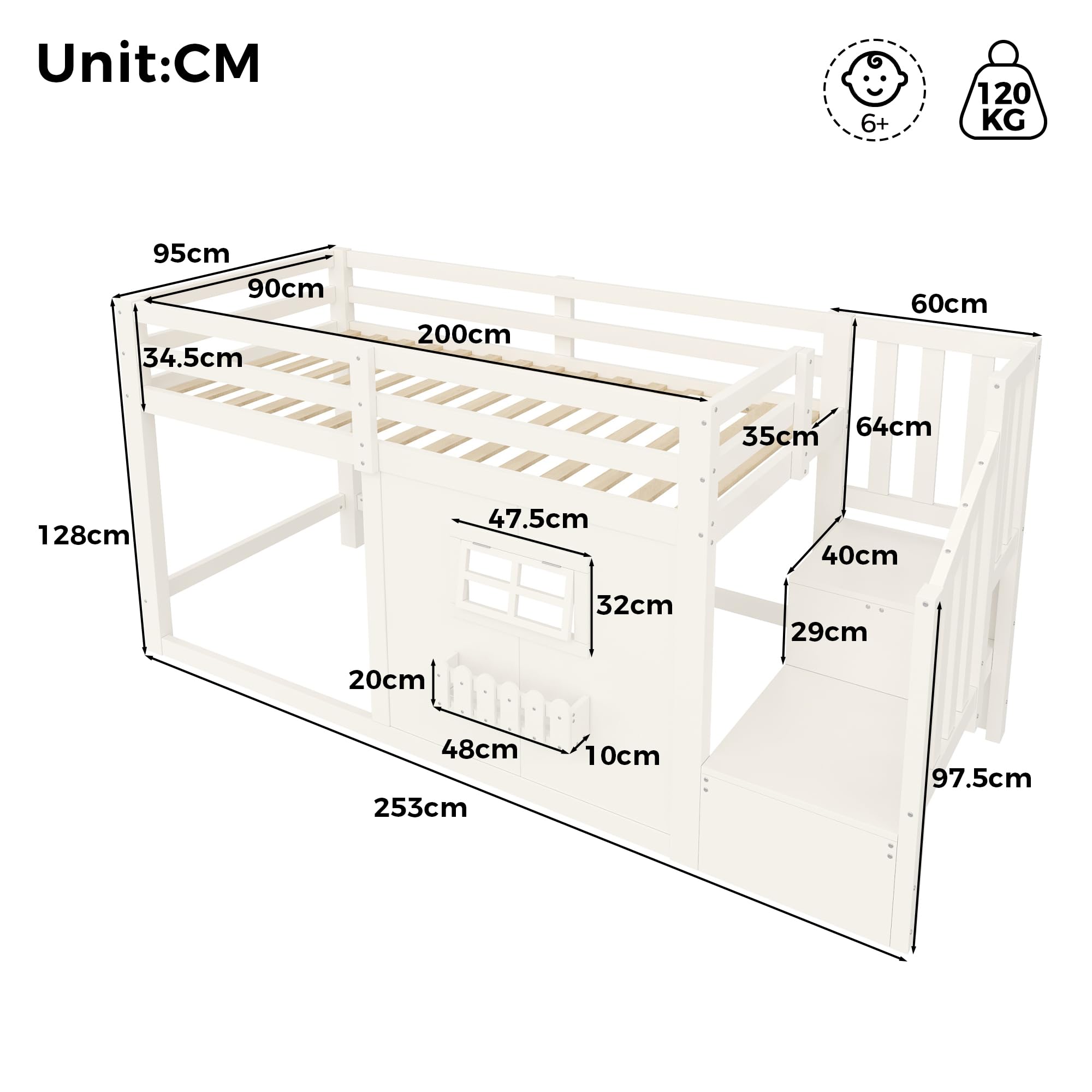 Cama alta 90 x 200 cm, madera de pino, ventana, escalera de almacenamiento, barra de luz LED, sin colchón