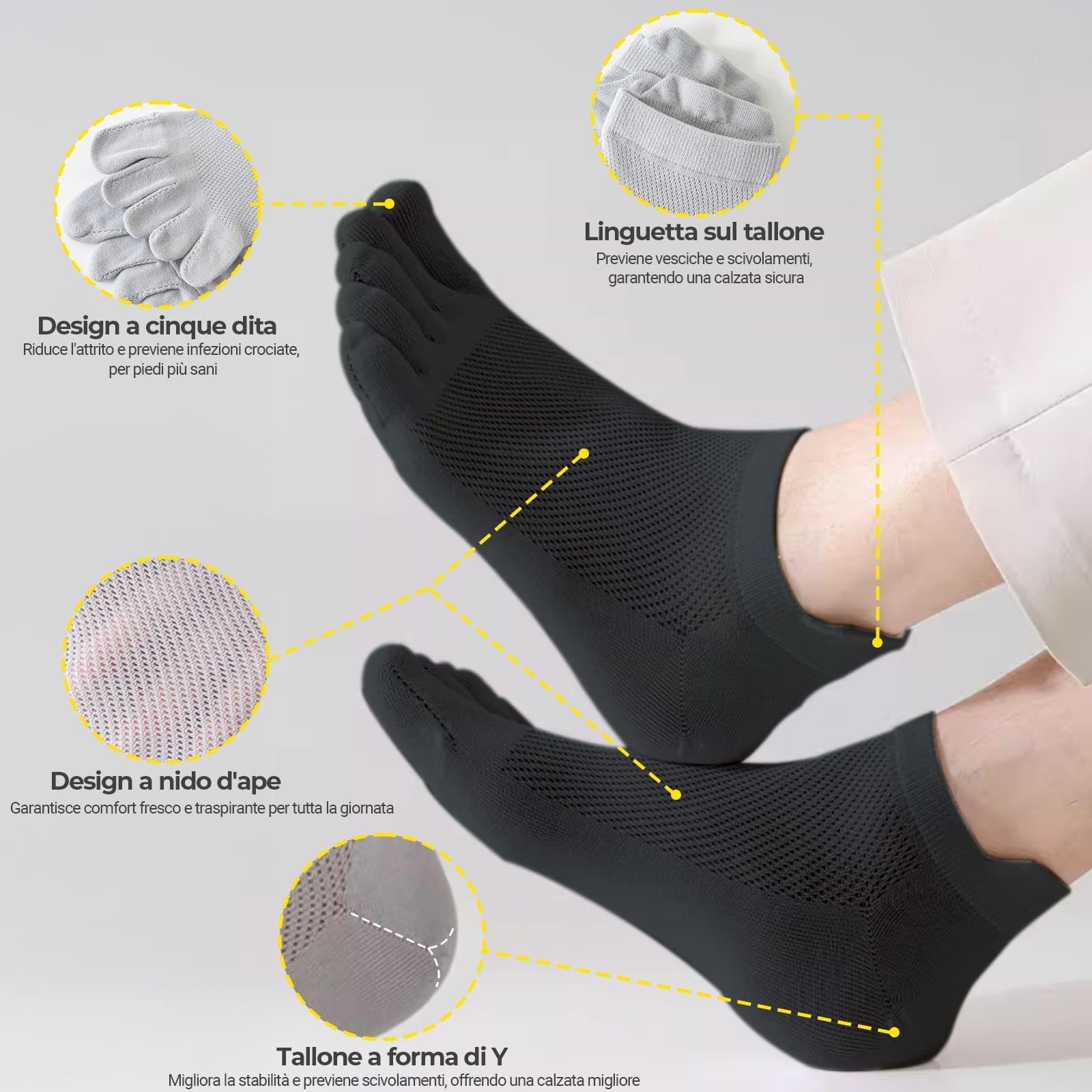 QUPOLPOL 5-Paia Calzini Sportivi Uomo – Calze Corti con Dita Separate in Cotone Traspirante, Ideali per Corsa, Fitness, Calcio, Basket, Cycling e Lavoro