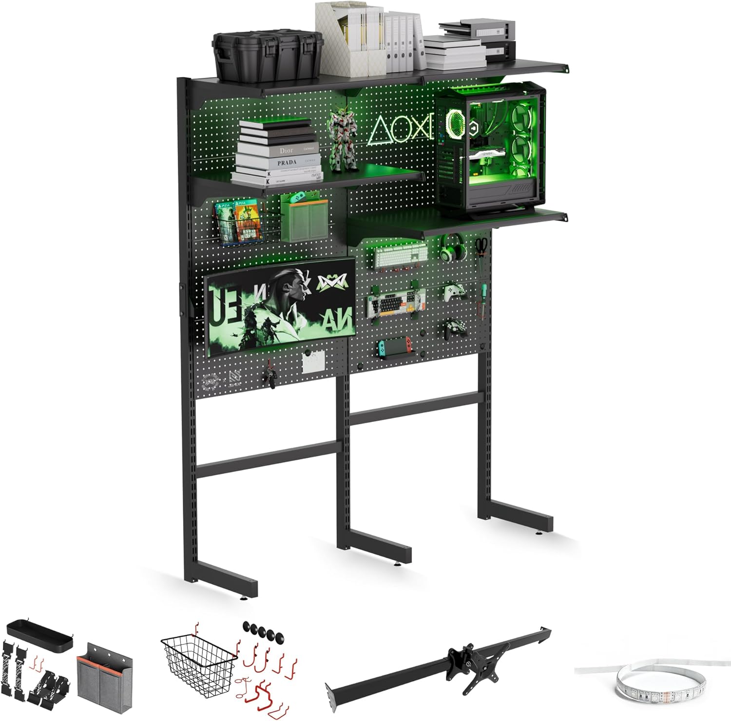 X-Win Gaming Free Standing Pegboard, Home Office Metal Standing Shelf Units for Desk, Floor Display Shelf Organizer with 28 Pieces Accessories for Bedroom