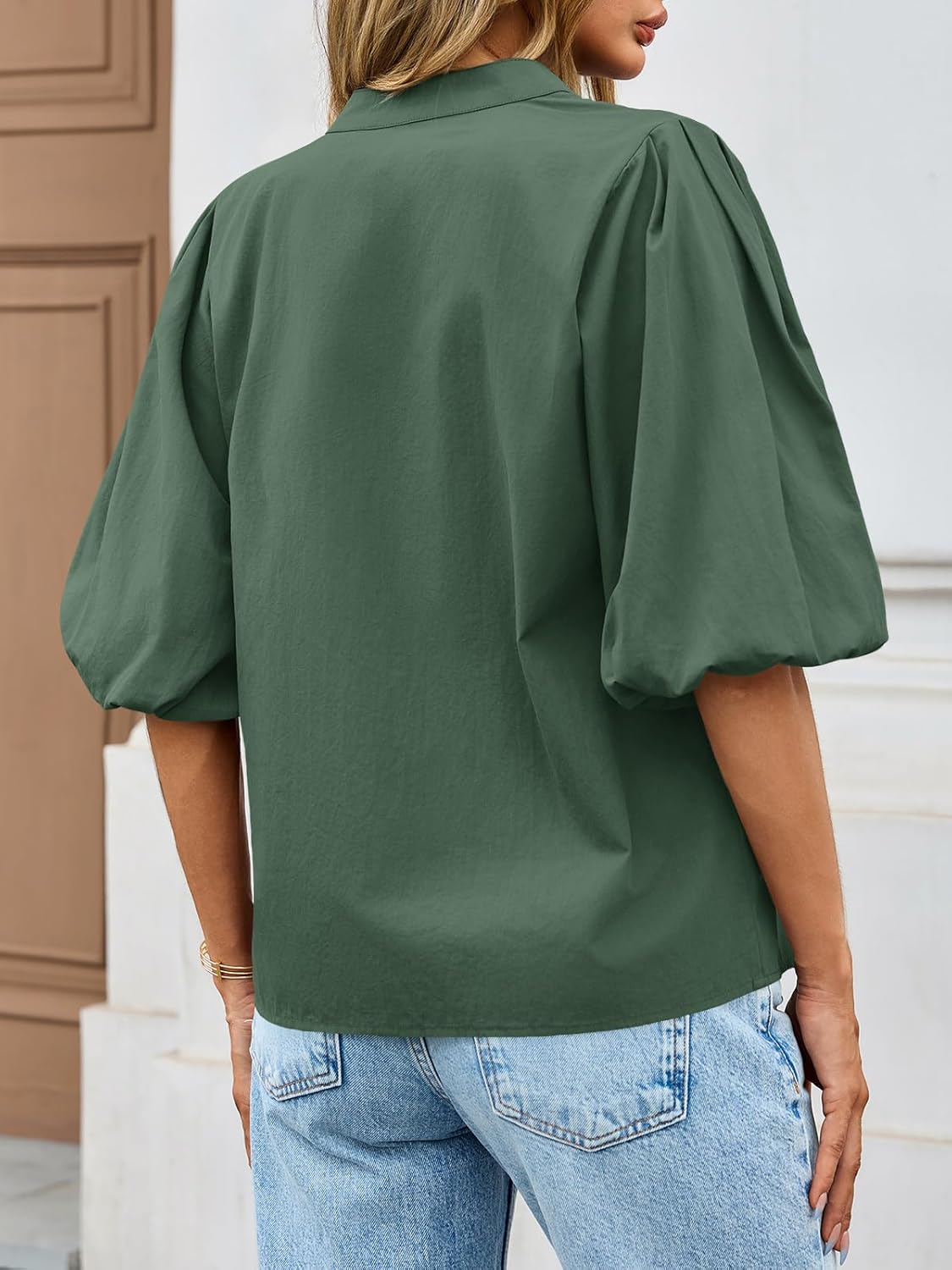 Tankaneo Womens Half Puff Sleeve Button Down Shirts Cotton Loose Fit Tops Summer Dressy Casual Blouses - Image 3