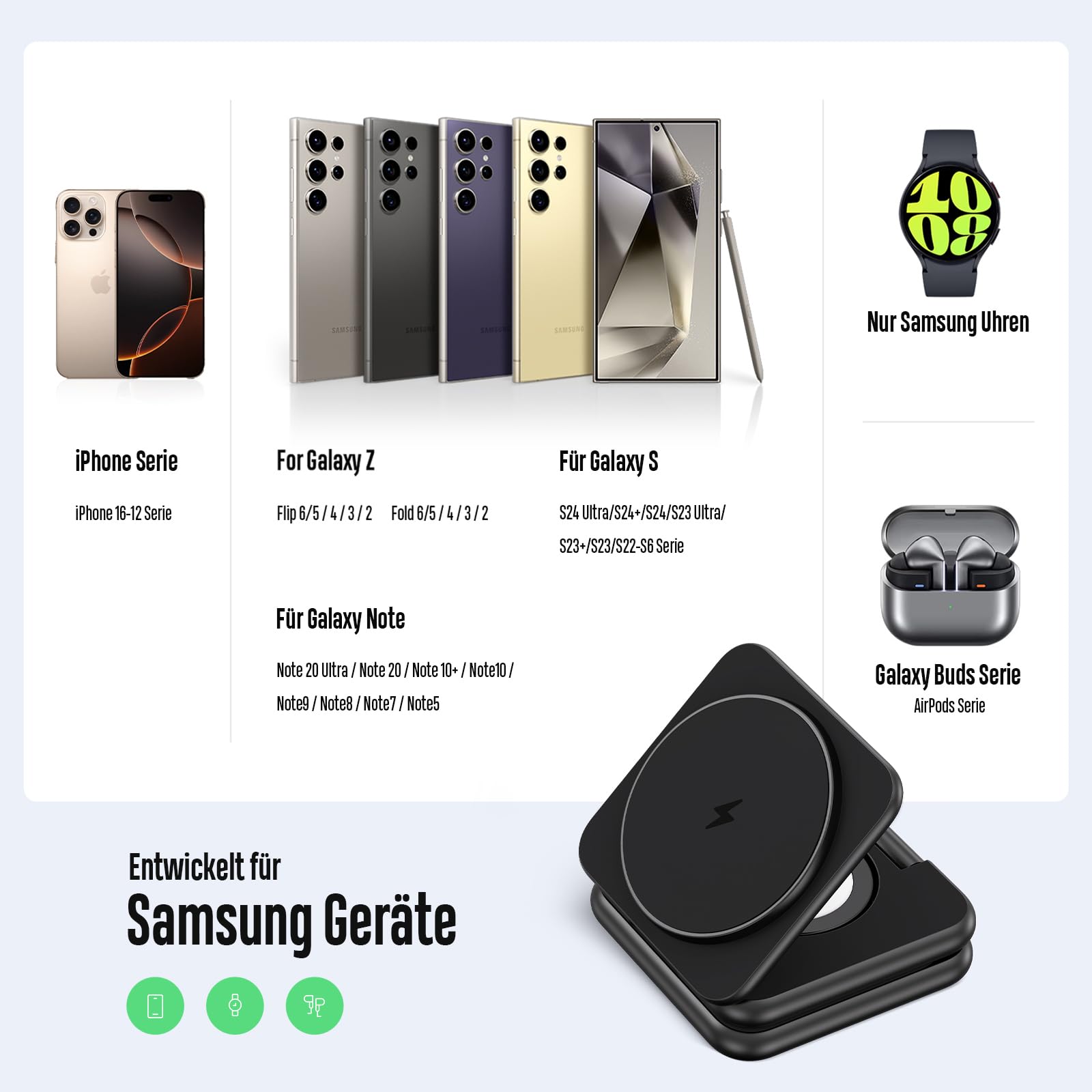 KU XIU 3 in 1 Magnetisch Induktive Ladestation für Samsung | Aluminium Kabellose Ladegerät Faltbare für Samsung S26 Ultra S25 S24 S23 Z Flip Fold, für Galaxy Watch und Galaxy Buds