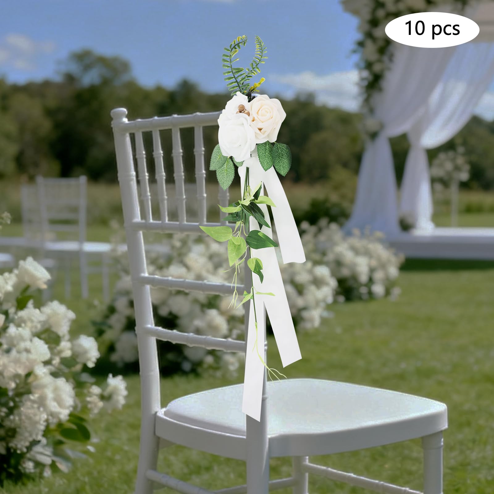 10-teiliges Set Künstliche Blumen 75 cm Länge – Hochzeitsdeko mit 10 cm Blütenköpfen aus Polyester – Stuhl Deko Hochzeit & Hochzeit Autoschmuck Deko mit Kabelbindern (Weiß)