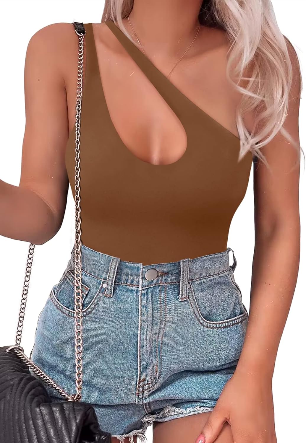 SAUNGKUAI Women's Sexy One Shoulder Sleeveless Cutout Thong Bodysuit Tank Top Body Suits V Backless Tummy Control Shapewear