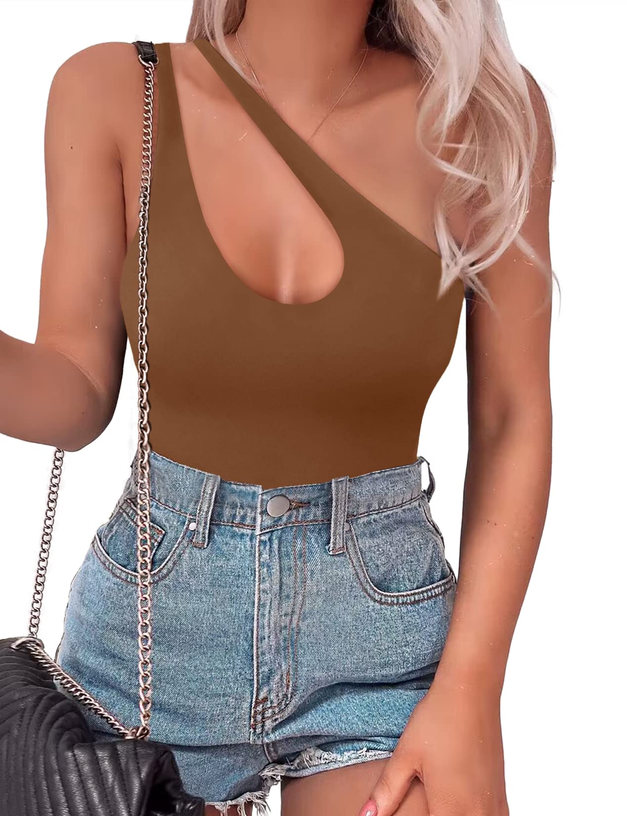 SAUNGKUAI Women's Sexy One Shoulder Sleeveless Cutout Thong Bodysuit Tank Top Body Suits Backless Asymmetrical Going Out Tops