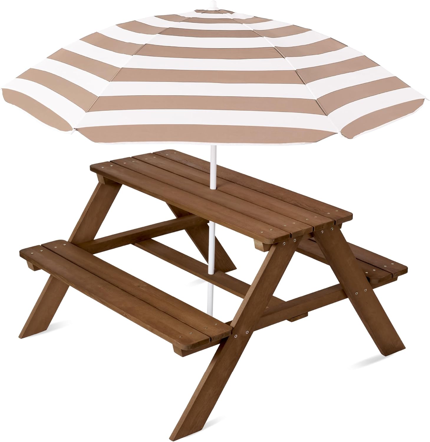 Best Choice Products Wooden Kids Picnic Table with Umbrella, Outdoor Activity Table Set with Built-in Benches, 220 lb Capacity per Bench - Walnut/Beige