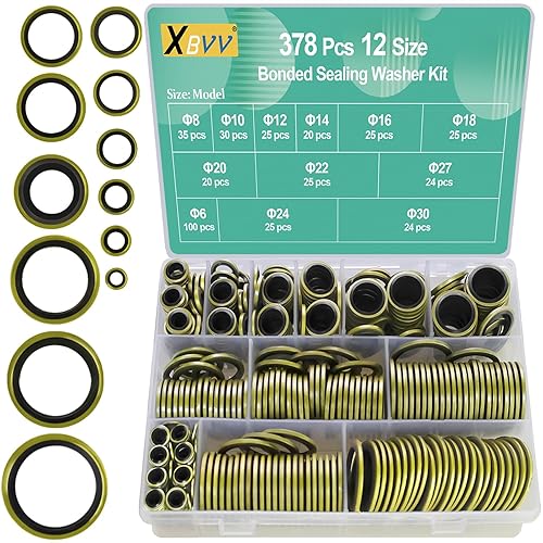 XBVV - Kit surtido de 378 arandelas de sellado de metal NBR M6 M8 M10 M12 M14 M16 M18 M20 M22 M24 M27 M30 automotriz, junta de sello autocentrado,