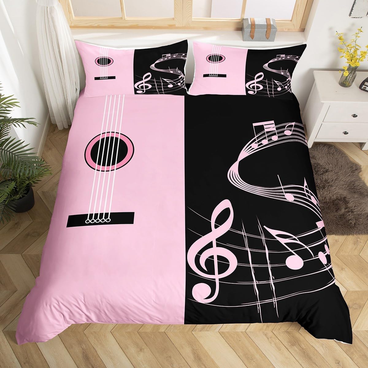 Feelyou Pink Black Guitar Comforter Cover Full Size for Boys Girls, Music Bedding Set Rock Music Duvet Cover Note Bedspread (No Comforter)