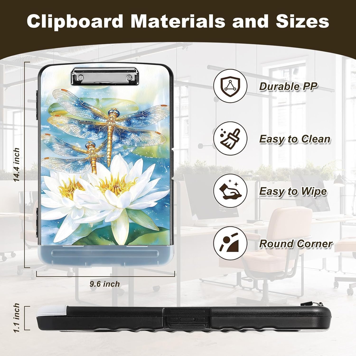 Clipboard with Storage, Nursing Clip Board 8.5 x 11 Storage Organization Box Side-Opening Plastic Clipboards with Pen Holder, School & Office Supplies, Dragonfly Lotus
