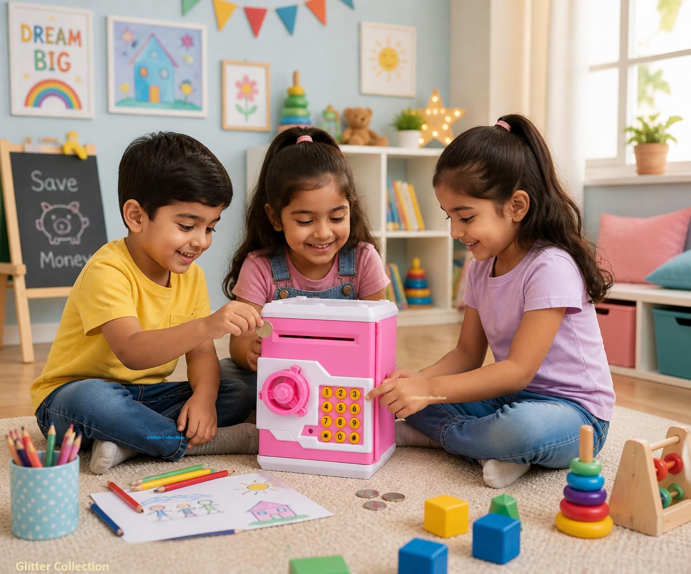 Glitter Collection ATM Bank Kids Piggy Bank Kids ATM Money Safe Deposit Box Pink ATM004 1