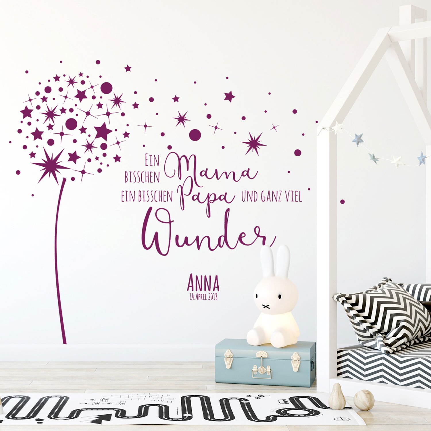 Wandtattoo Babyzimmer Wandsticker Pusteblume Spruch Zitat & Sterne mit Namen & Datum M2342 - ausgewählte Farbe: *schwarz* ausgewählte Größe: *XL - 140cm hoch x 177cm breit*